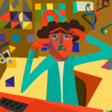 Image in cubist style of an person looking stressed with a colourful background