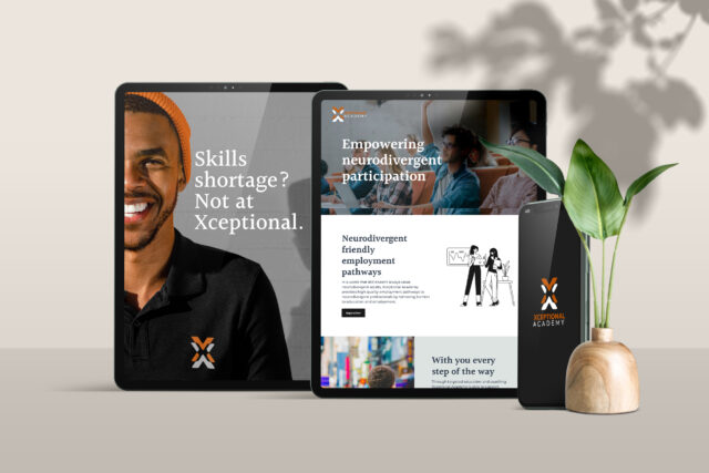 Image of a laptop and phone displaying a webpage for Xceptional. The hero image is a man with an orange beanie and black shirt. 